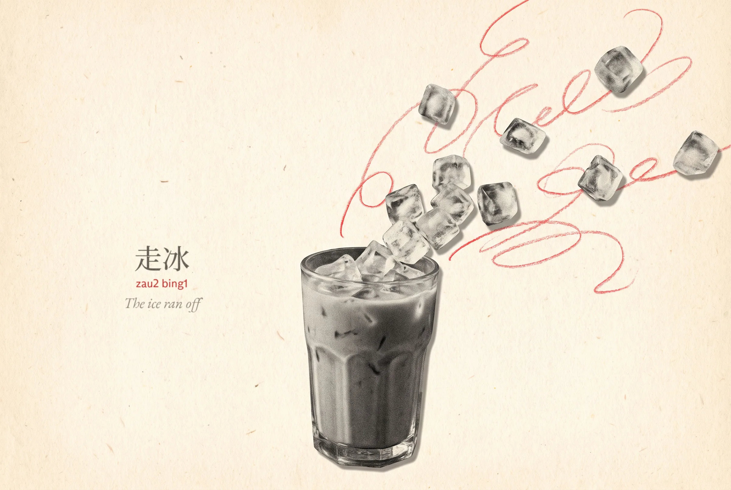 A glass of iced milk tea with the ice cubes leaping out of it as if running away. A small label reads 走冰, zau2 bing1, “The ice ran off”.