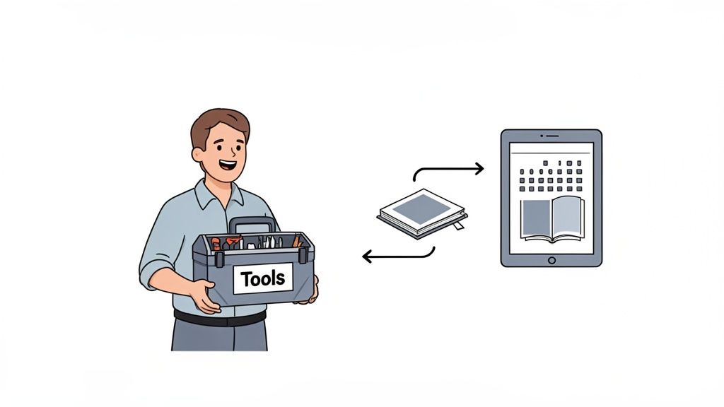 A smiling man holds a toolbox, while physical books transform into digital content on a tablet.