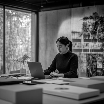 A woman sitting at a desk in a modern office, working on a laptop with documents and plants around her. Sunlight filters through large windows in the background.
