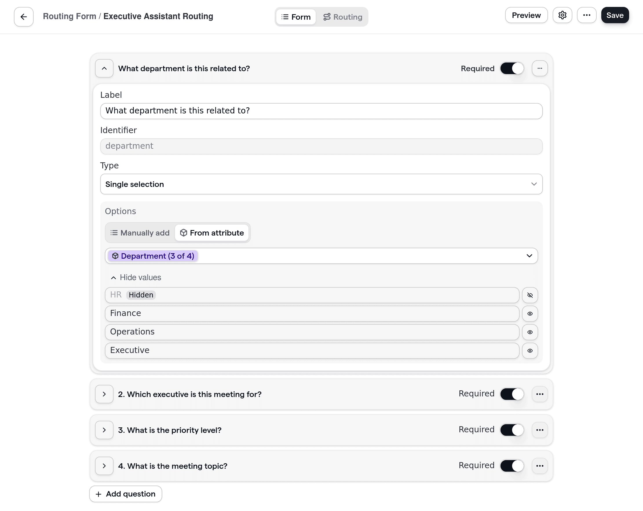 Routing form for executive assistants with key questions about executive selection, priority, and meeting topic.