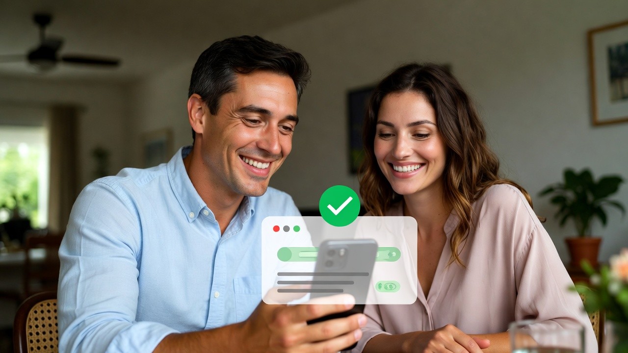 Um homem e uma mulher verificando o dinheiro entrando na conta através do celular