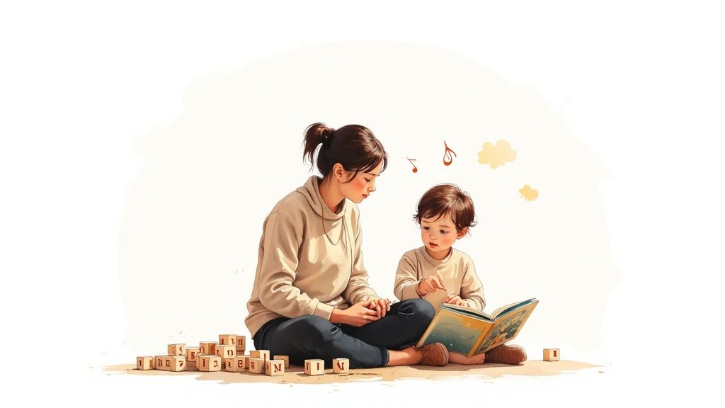 A mother and child sit together on the ground, reading a book with alphabet blocks.