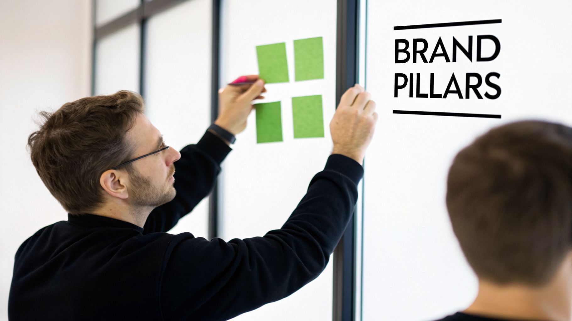 A man placing green sticky notes on a clear board next to