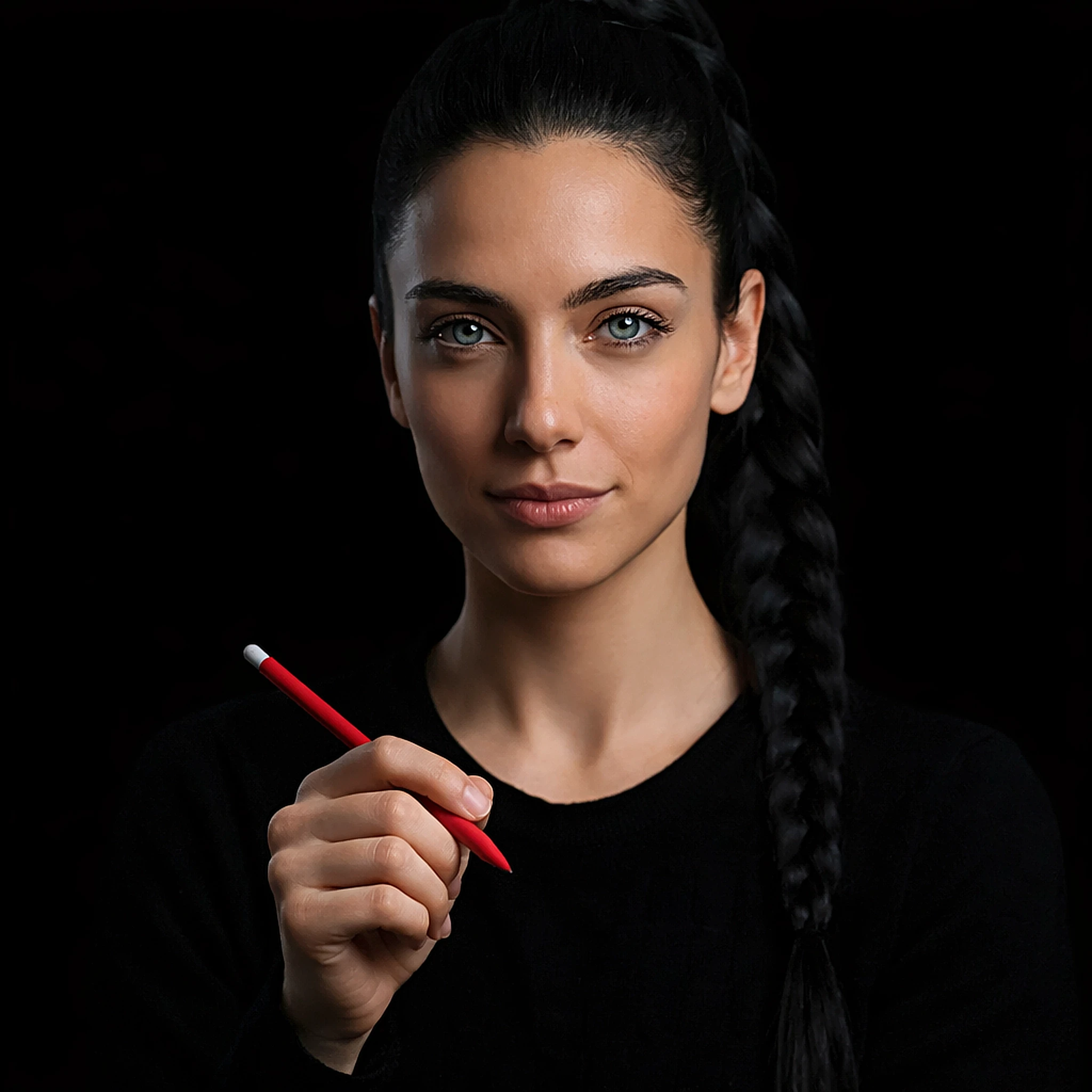 Professionelles Porträt von Luna mit schwarzen Haaren im Flechtzopf vor schwarzem Hintergrund, die einen roten Stift hält und souverän in die Kamera blickt.