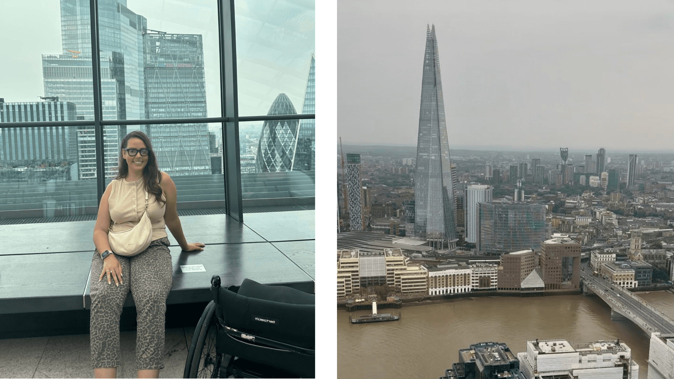 Jennie sat in front of skyline views at the top of the Sky Garden. View looking out across the city.