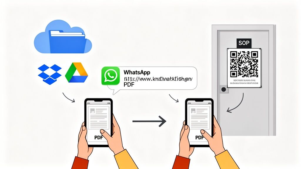Digital workflow for accessing PDF documents from cloud/WhatsApp and scanning a SOP QR code.