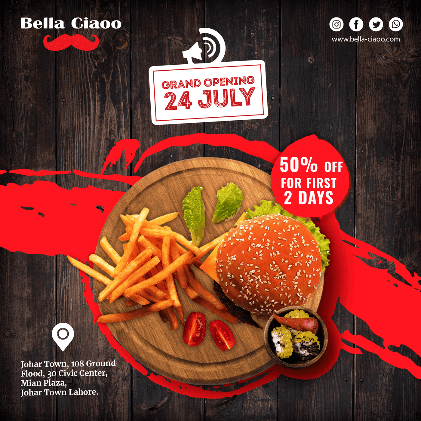 Social media design for Bella Ciaoo restaurant in Johar Town, Lahore.