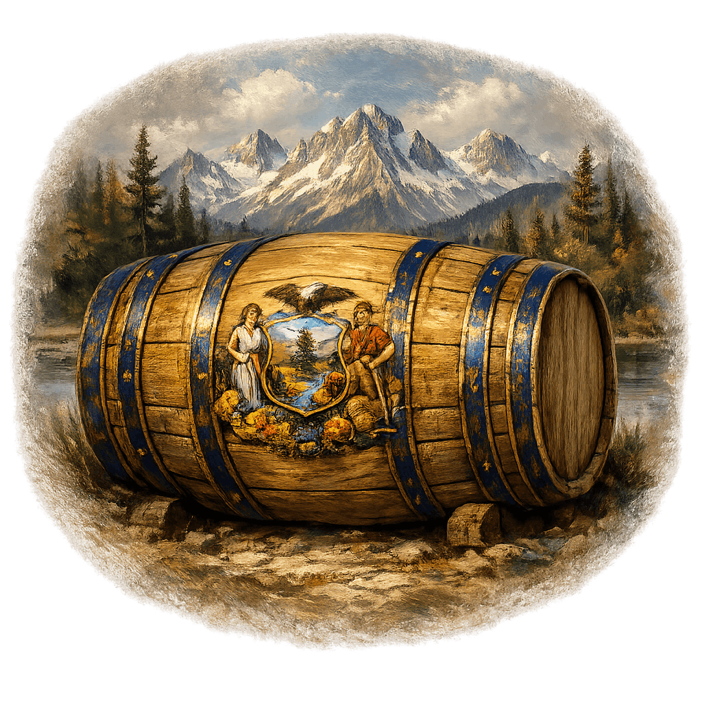 Wine barrel featuring the Idaho national emblem for regional wine education.