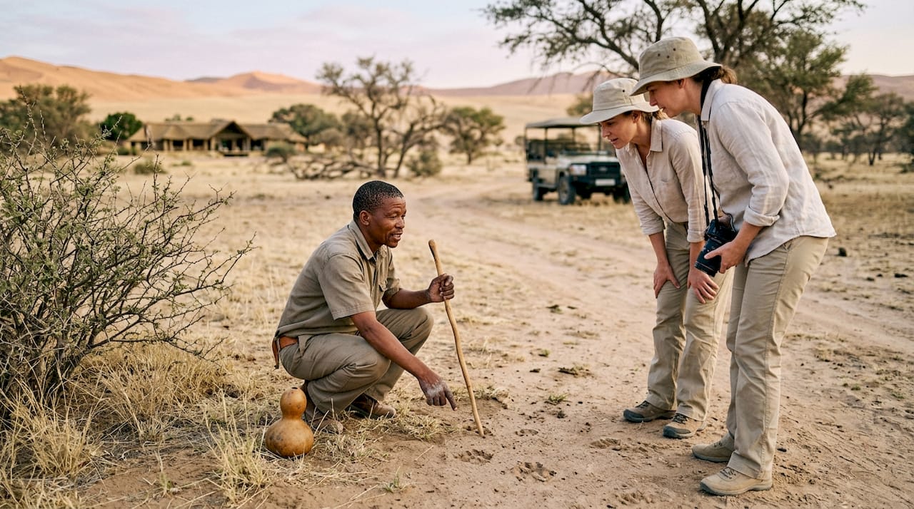 San Bushman tracks with guests observing