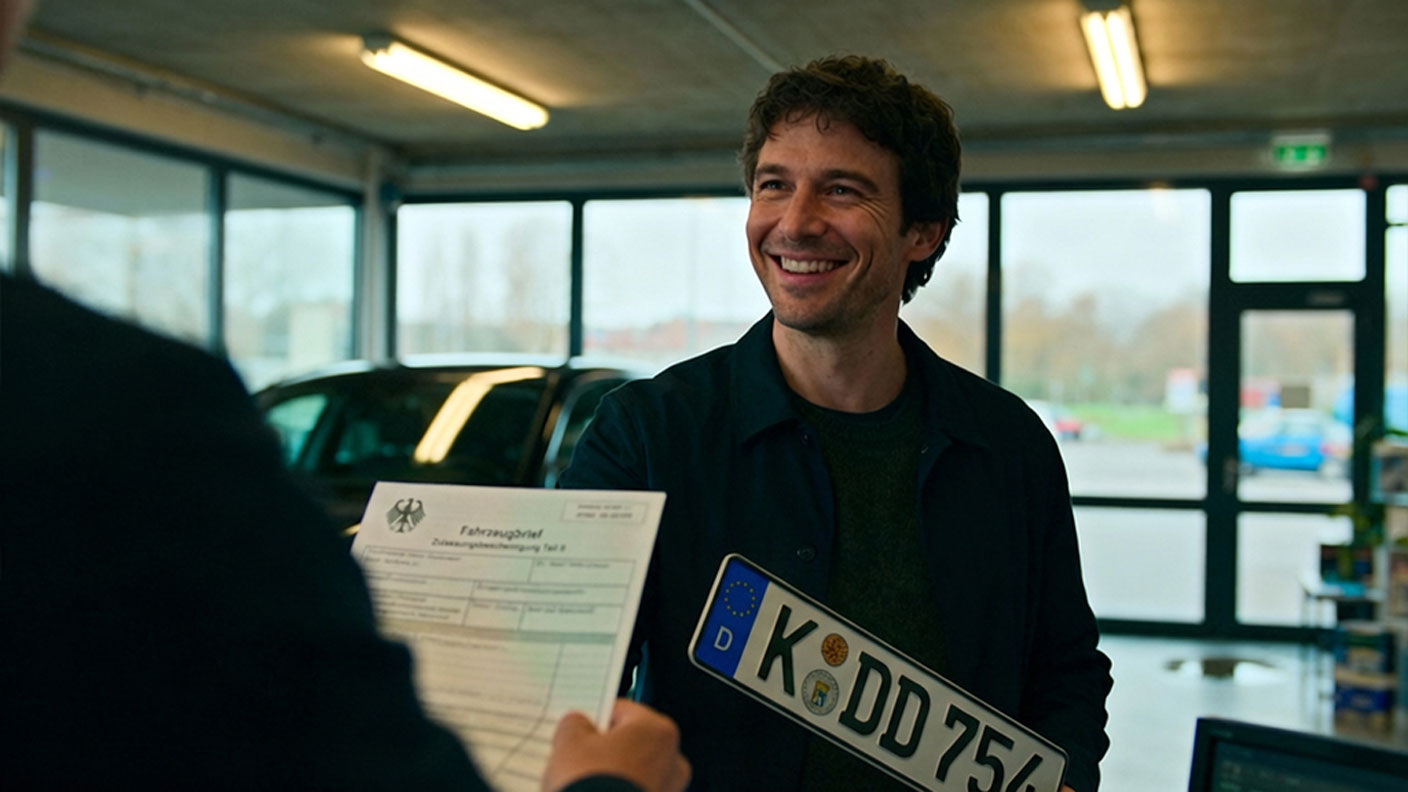 Kunde hält Kennzeichen und Zulassungsunterlagen in der Hand