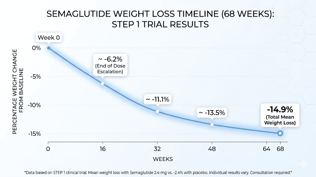 Semaglutide pure GLP-1 weight loss results timeline chart over 68 weeks
