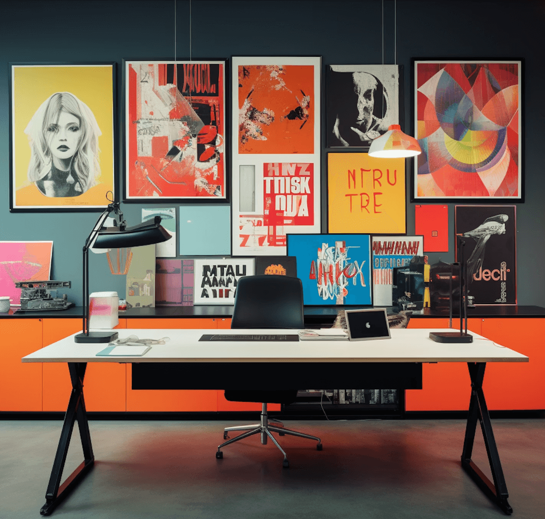 Colorful creative workspace with a desktop computer surrounded by vibrant retro-style posters and artwork on the wall