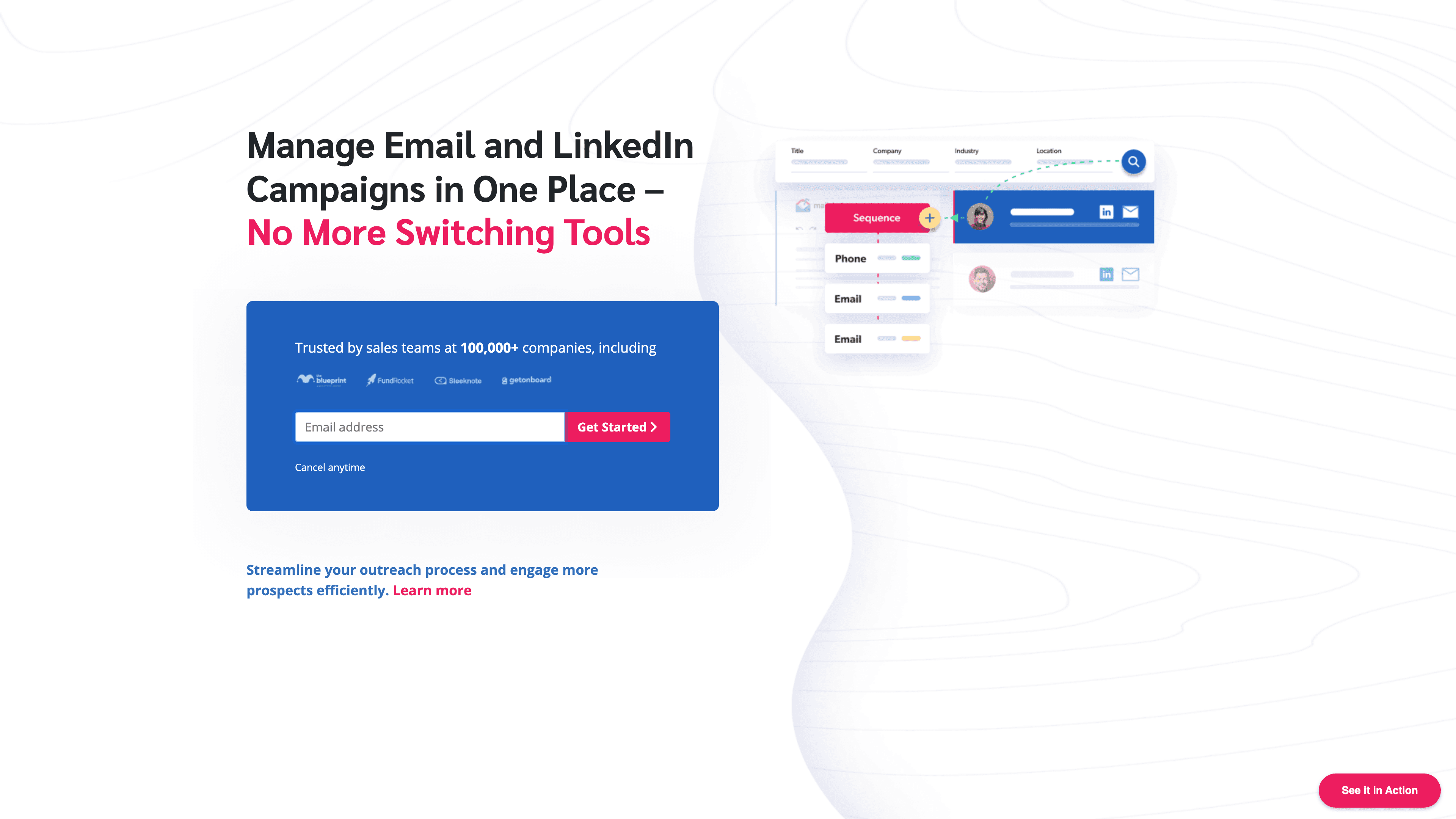 Mailshake platform showing multichannel outreach capabilities including email, LinkedIn, and sales dialer
