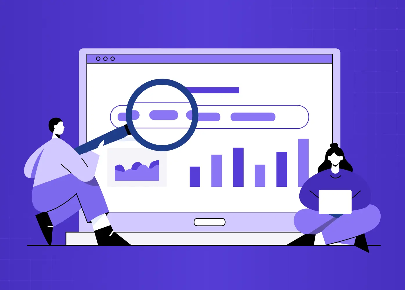 Illustration of users analyzing a dashboard with charts and search filters, representing data analysis and search experiences.