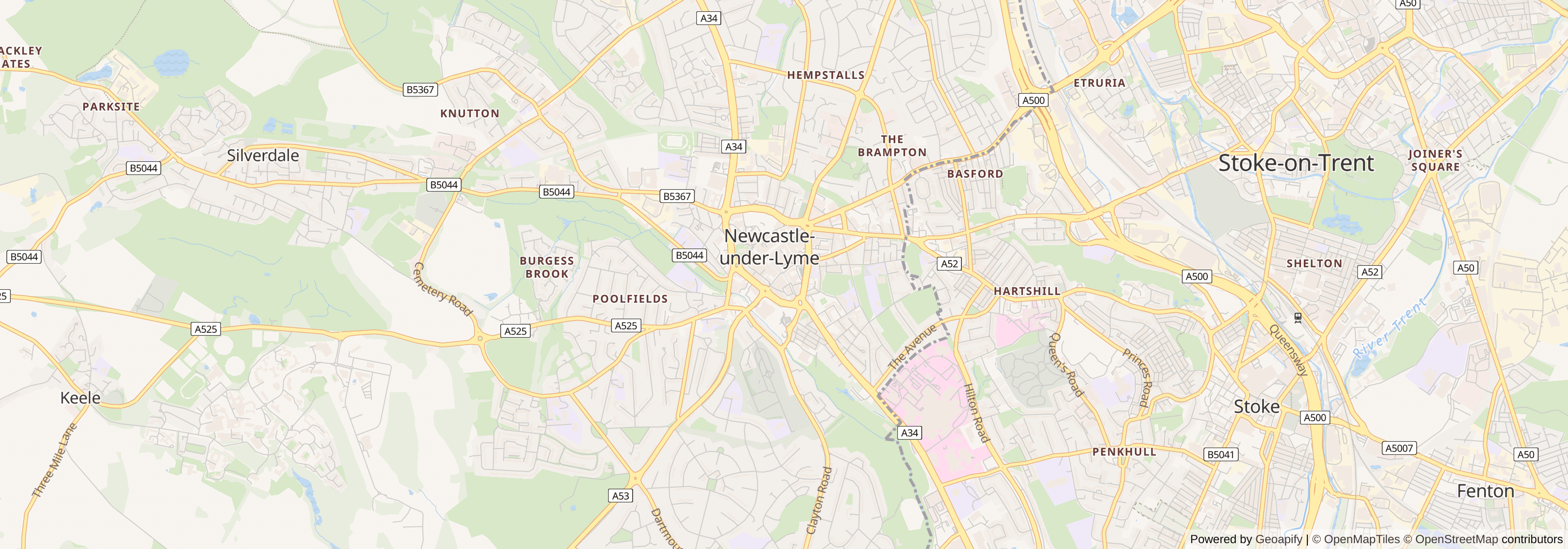 Street map of Newcastle-under-Lyme, Staffordshire showing main roads and nearby areas