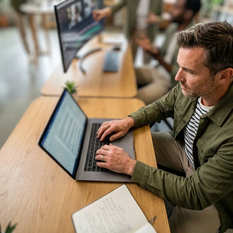 Équipe de consultants en agence, penchée sur une table de travail pour analyser des documents et des storyboards, illustrant notre expertise en Stratégie de contenus pour produire du contenu utile qui fait la différence.