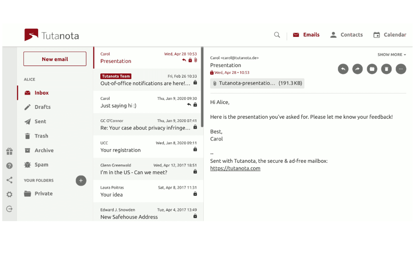 Tuta email overview&nbsp;