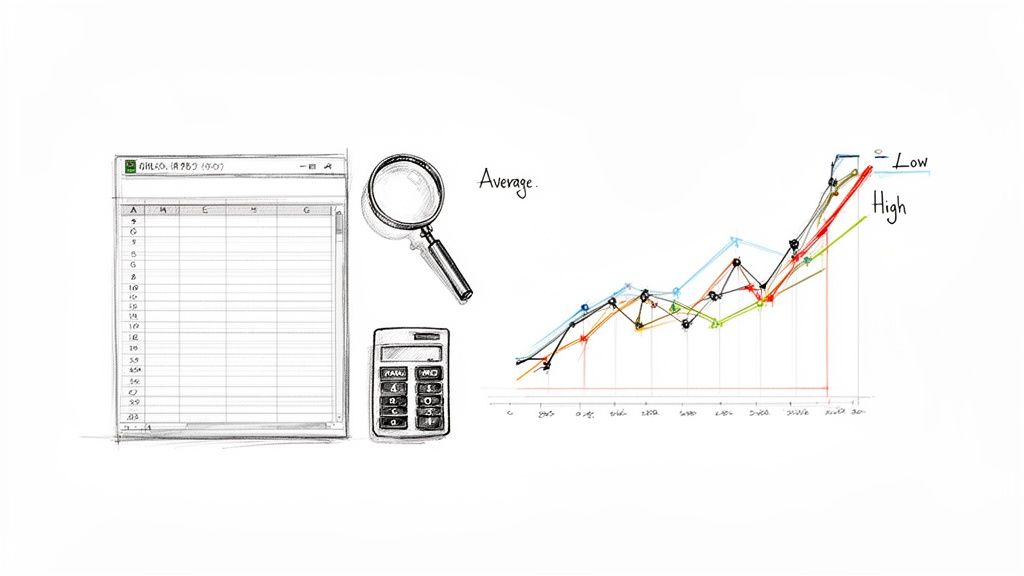 Hand-drawn sketch illustrating data analysis tools: a spreadsheet, calculator, magnifying glass, and a line graph.