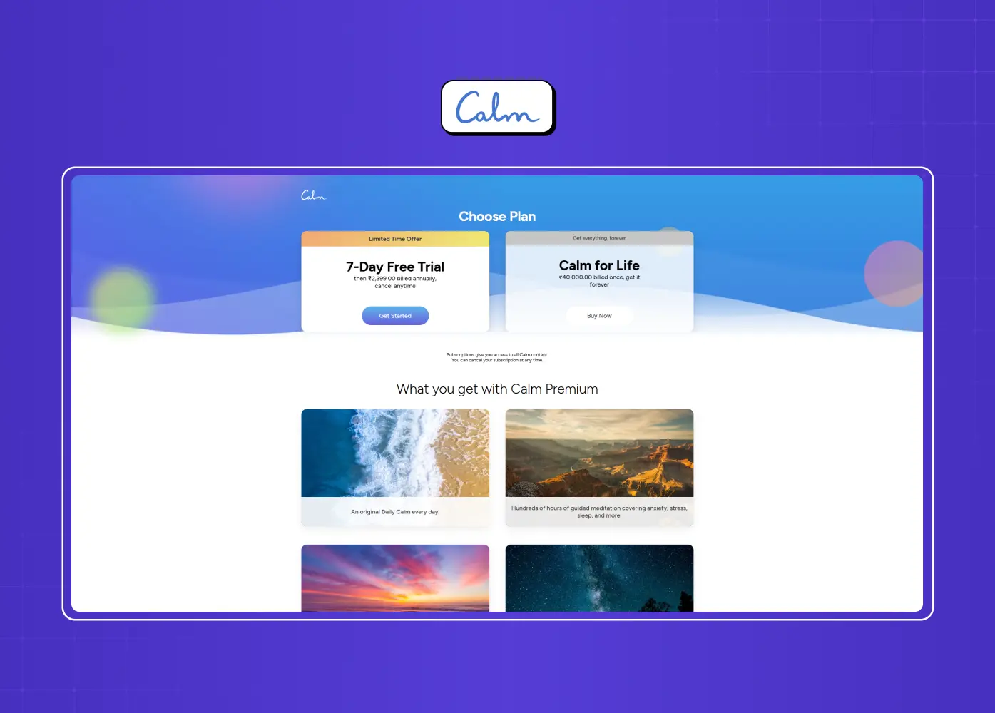 Calm membership page featuring a free trial, lifetime plan option, and premium content previews with a calming visual design.