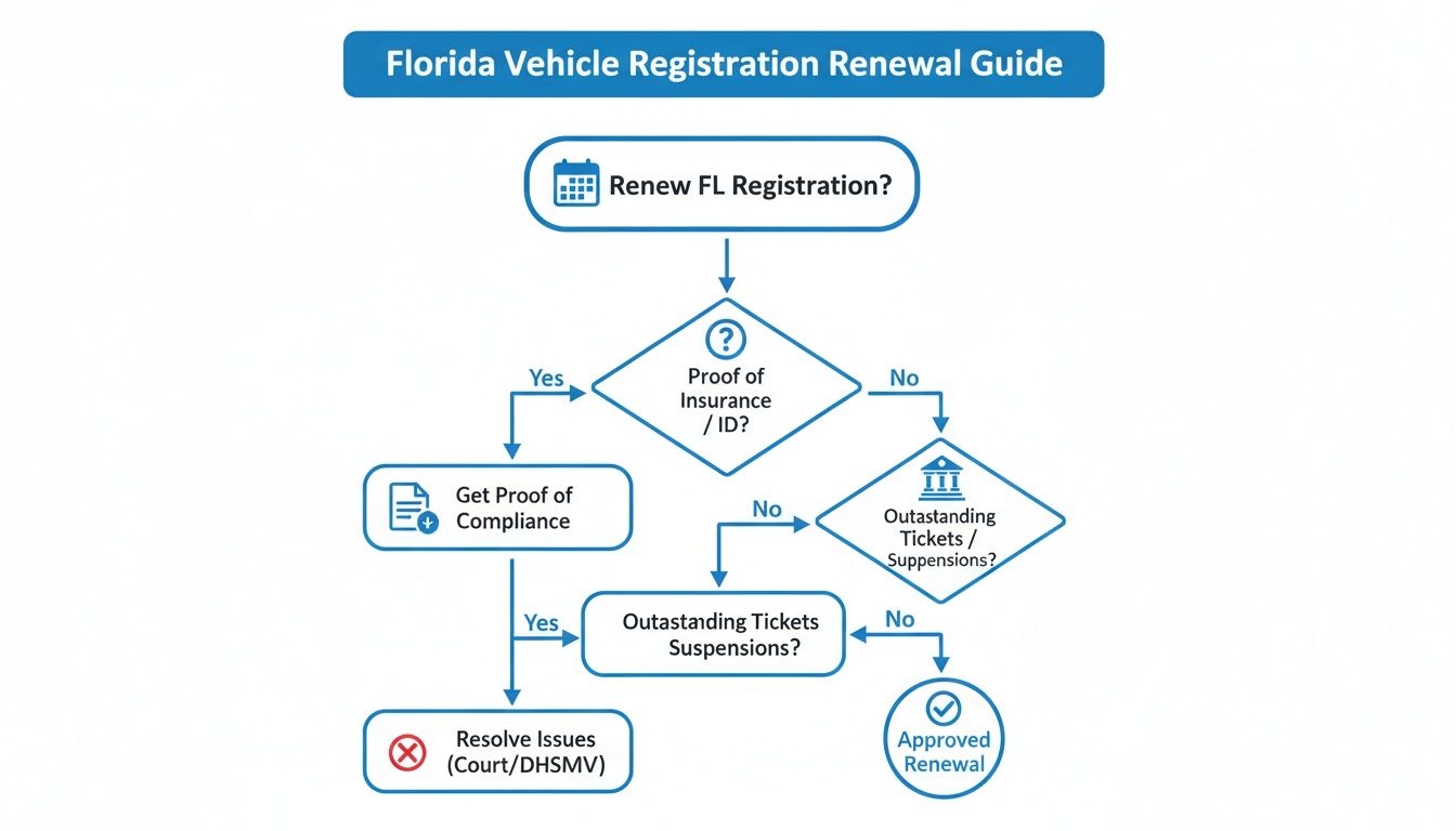 Flowchart detailing the Florida vehicle registration renewal process, including checks for insurance, ID, tickets, and suspensions.