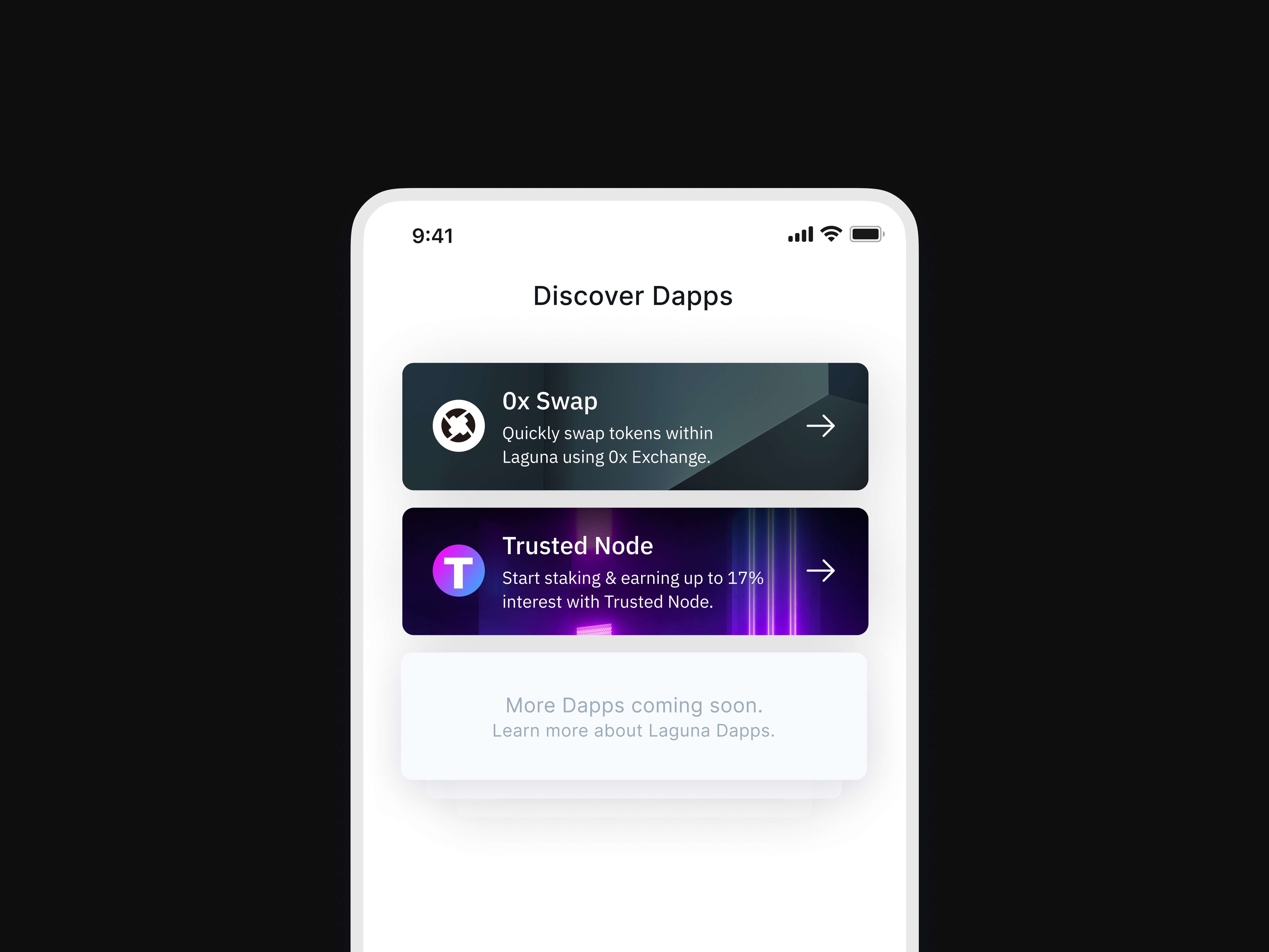 Laguna Wallet discover dApps screen featuring 0x Swap for token exchange and Trusted Node for staking with interest, inside a privacy-focused wallet
