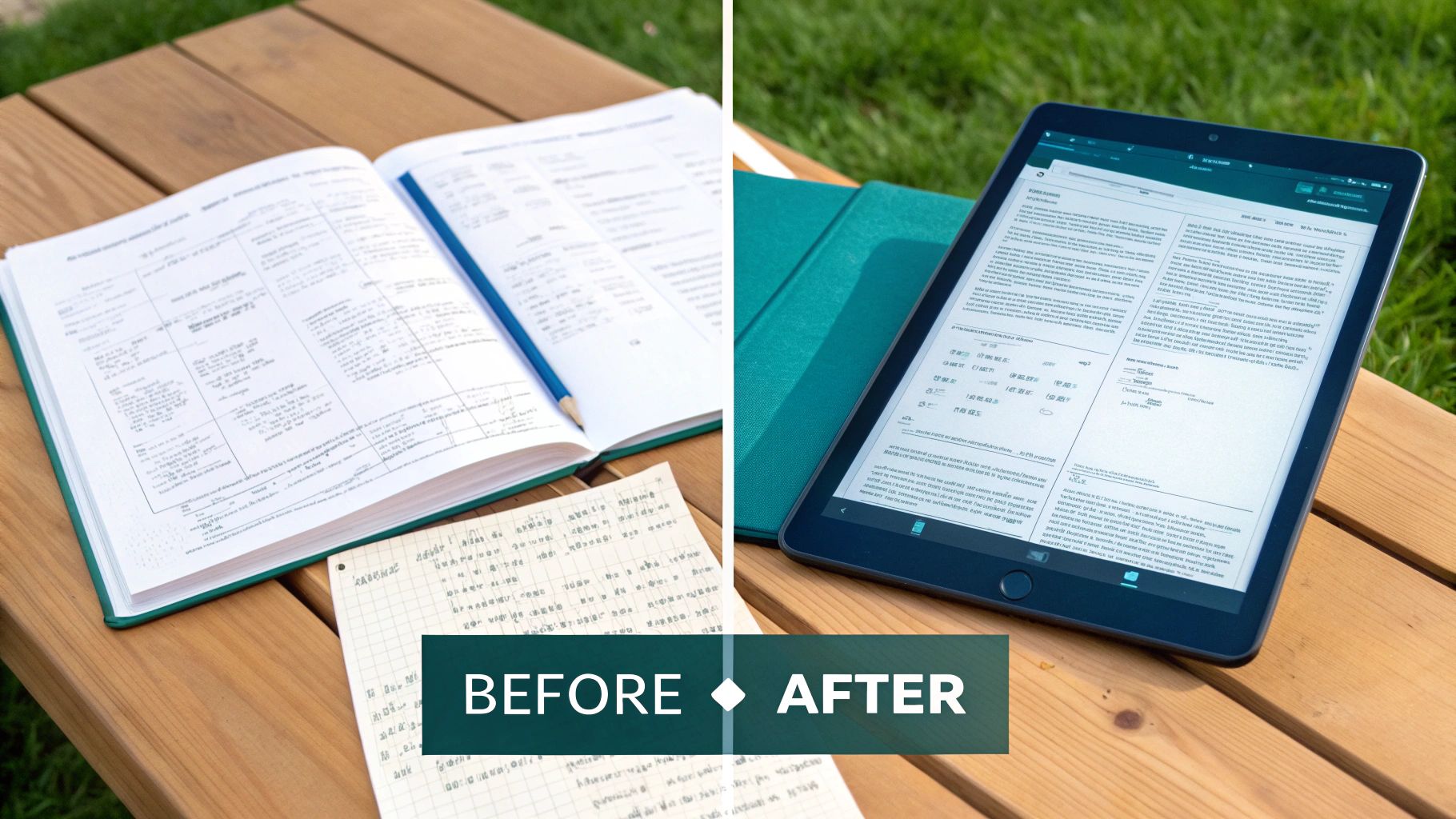Side-by-side comparison of physical documents and handwritten notes versus their digital version on a tablet.