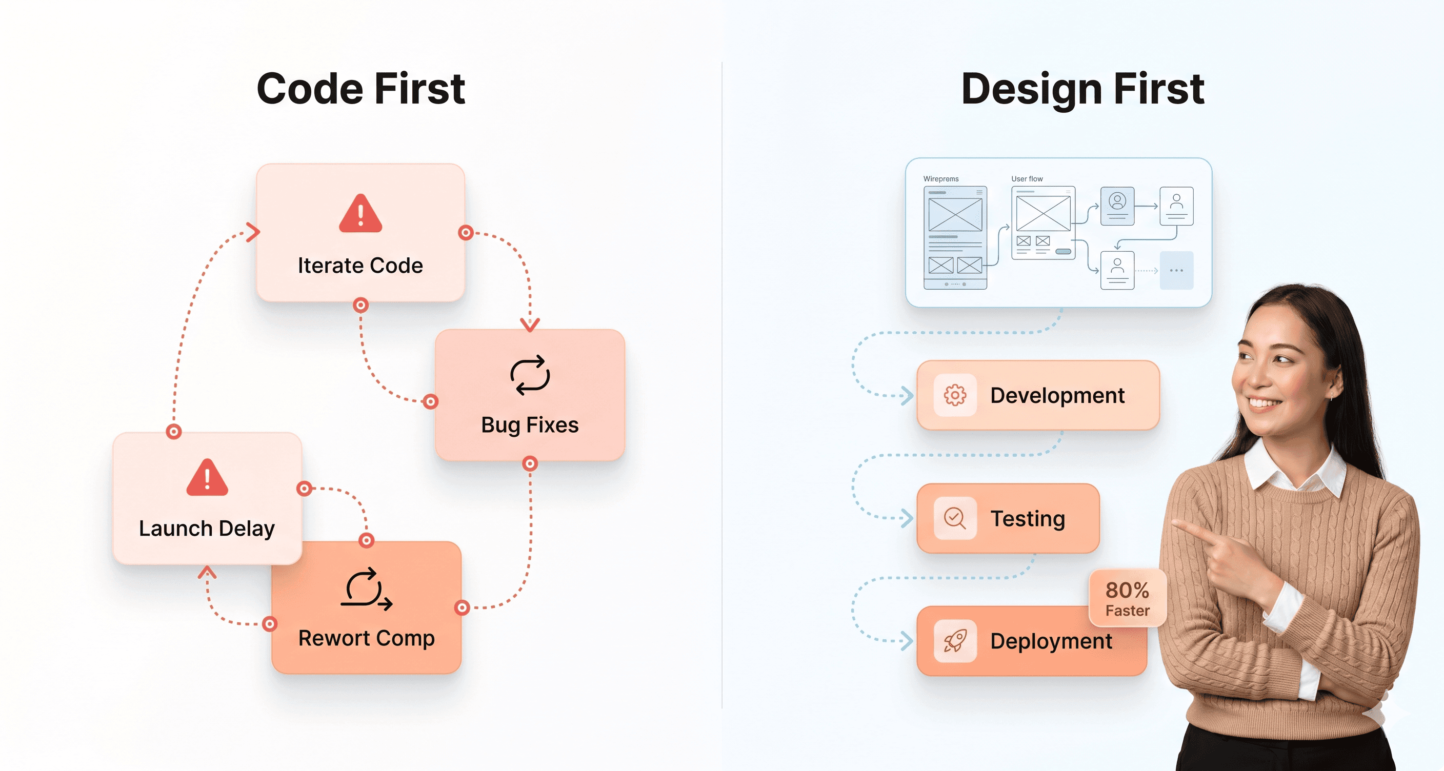 Design-first versus code-first software development approach comparison showing 80 percent time savings with API contract design before coding