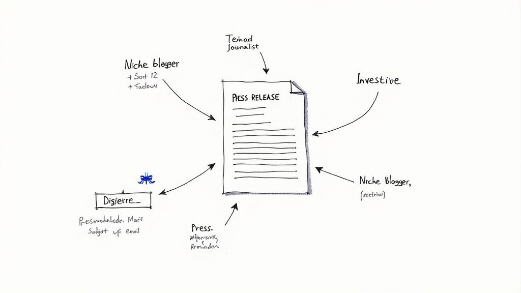A person sending a paper airplane, symbolizing the distribution of a press release.