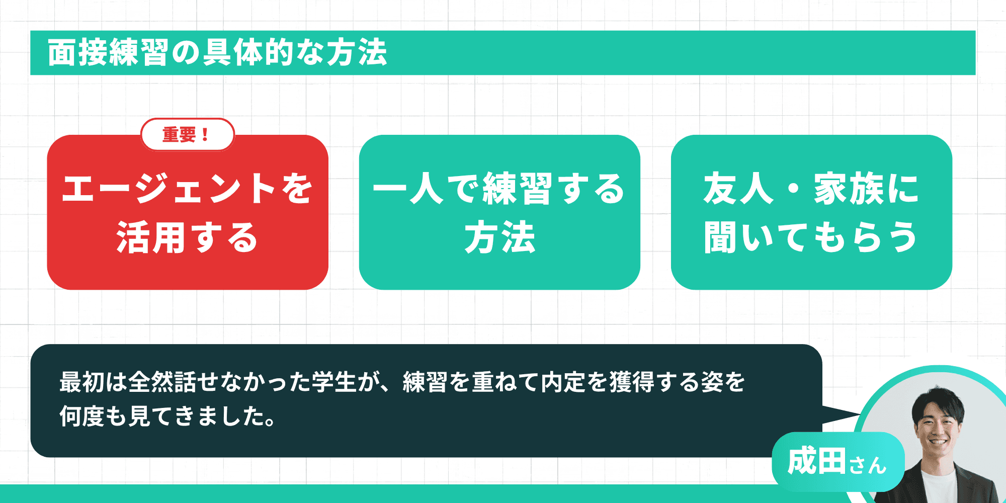 面接練習の具体的な方法：エージェントを活用する、一人で練習する方法、友人・家族に聞いてもらう