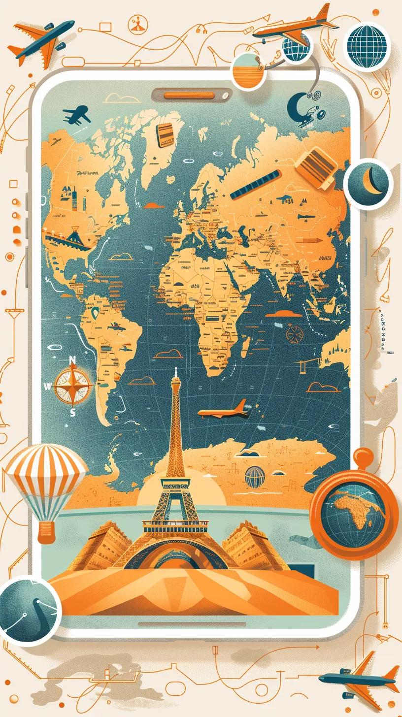World map with travel icons and smartphone, representing ClickRoam eSIM benefits for international travel