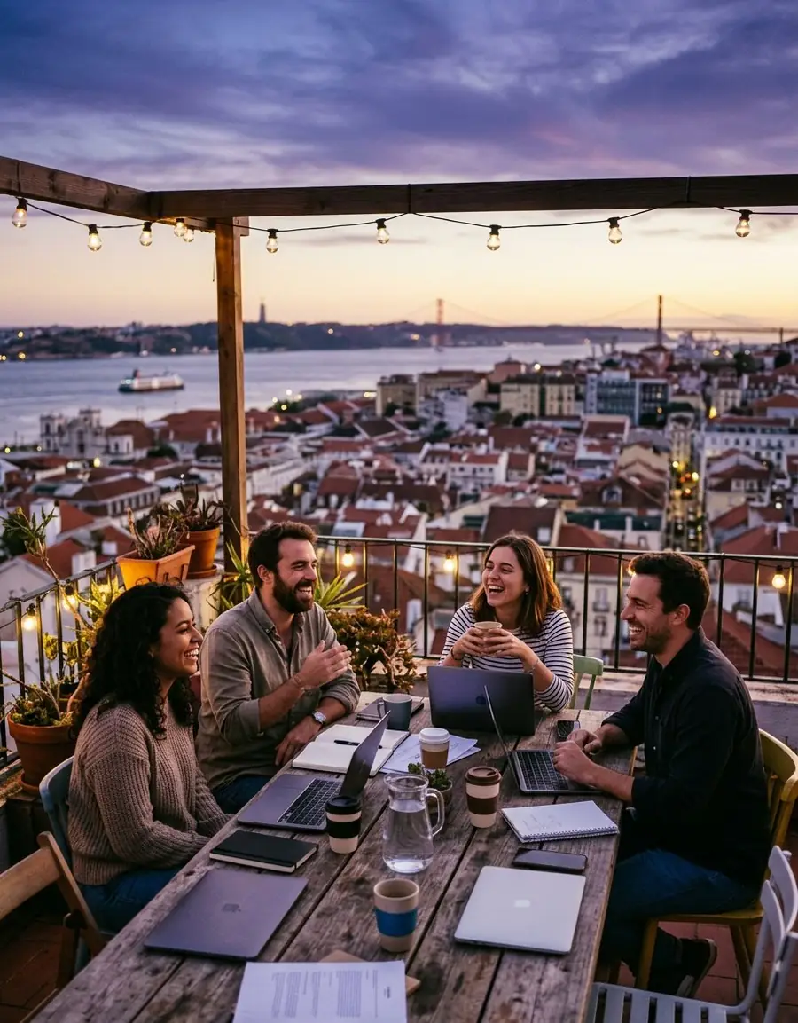 Team offsite dinner on a rooftop terrace above the city at sunset