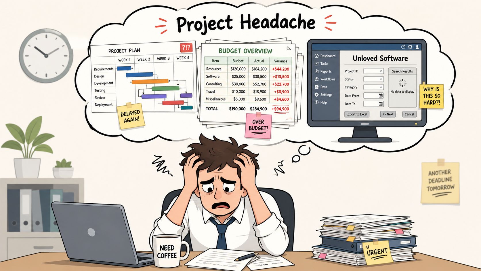 A stressed office worker overwhelmed by project deadlines, budget overruns, and complex business management software systems.