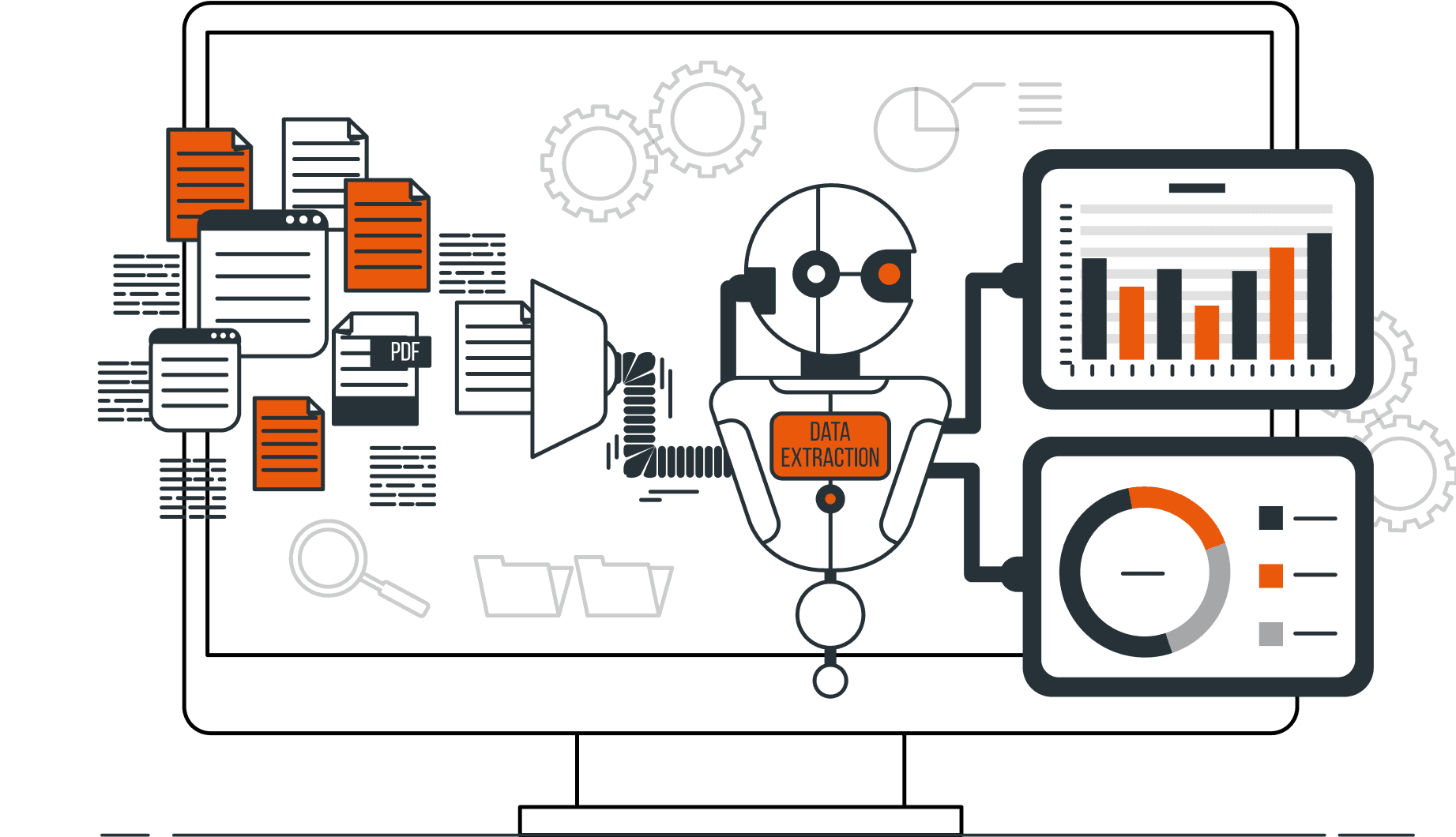 Ilustração de um robô coletando dados e gerando insights e dashboards.