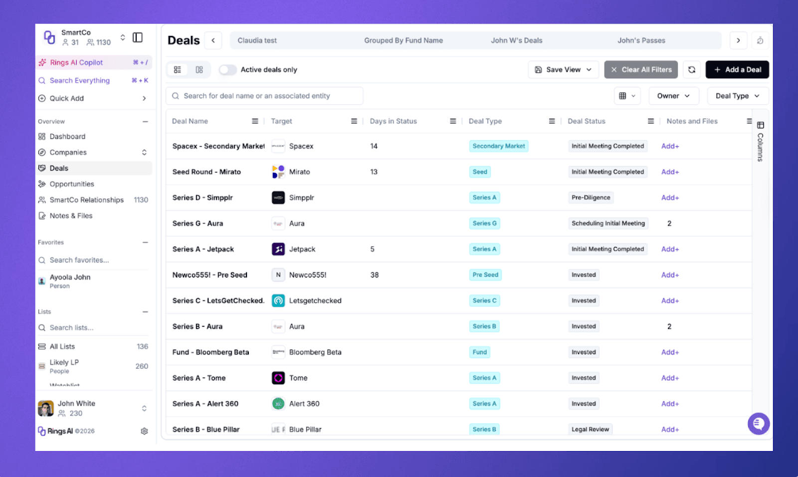 Deal activity and sourcing outcomes visible in one place, without separating history from context.