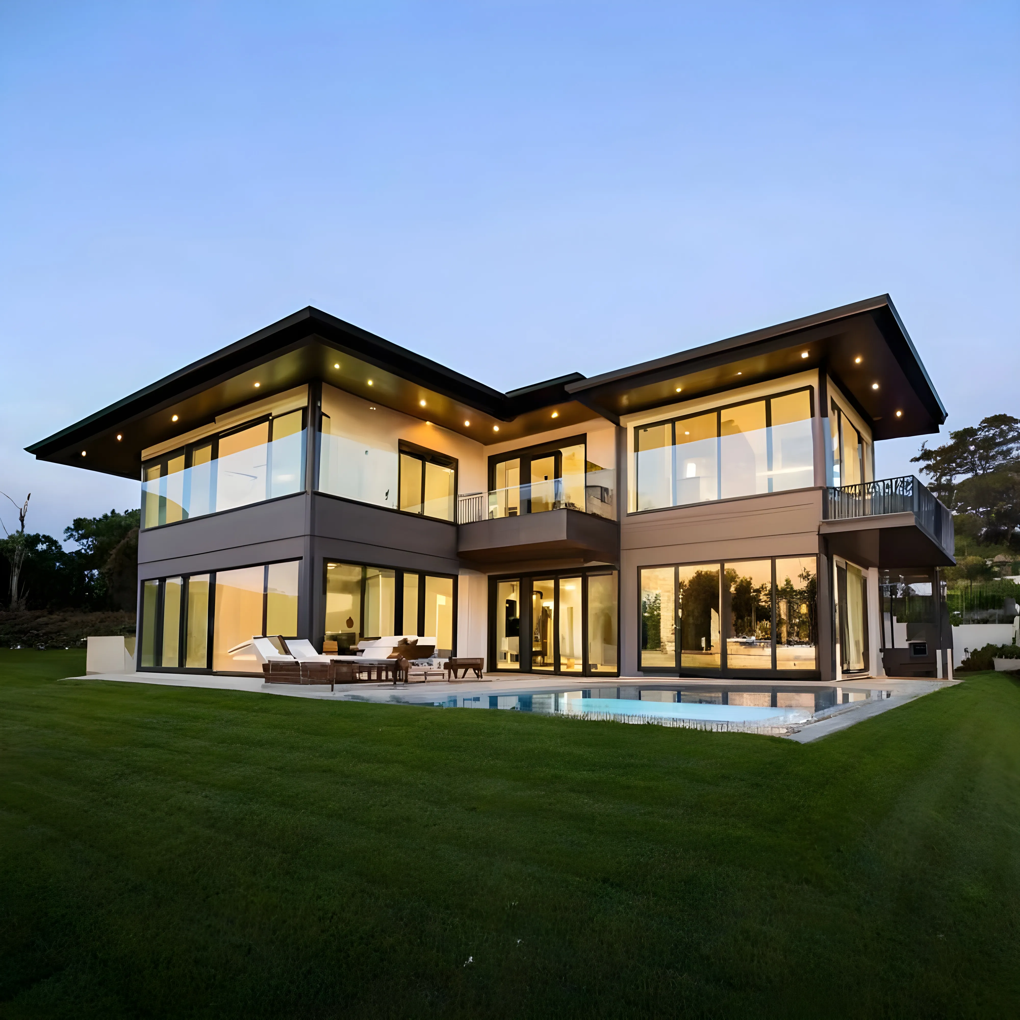 Two-story luxury home featuring floor-to-ceiling glass windows, a swimming pool, and a manicured green lawn.