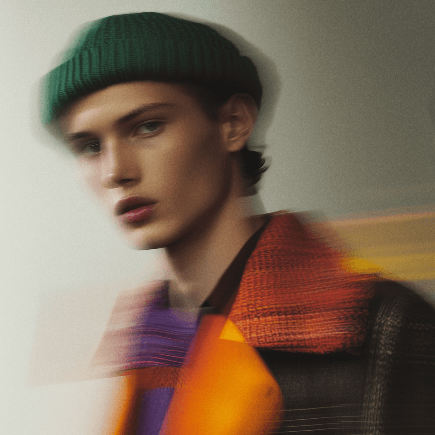 Blurred portrait with green beanie.