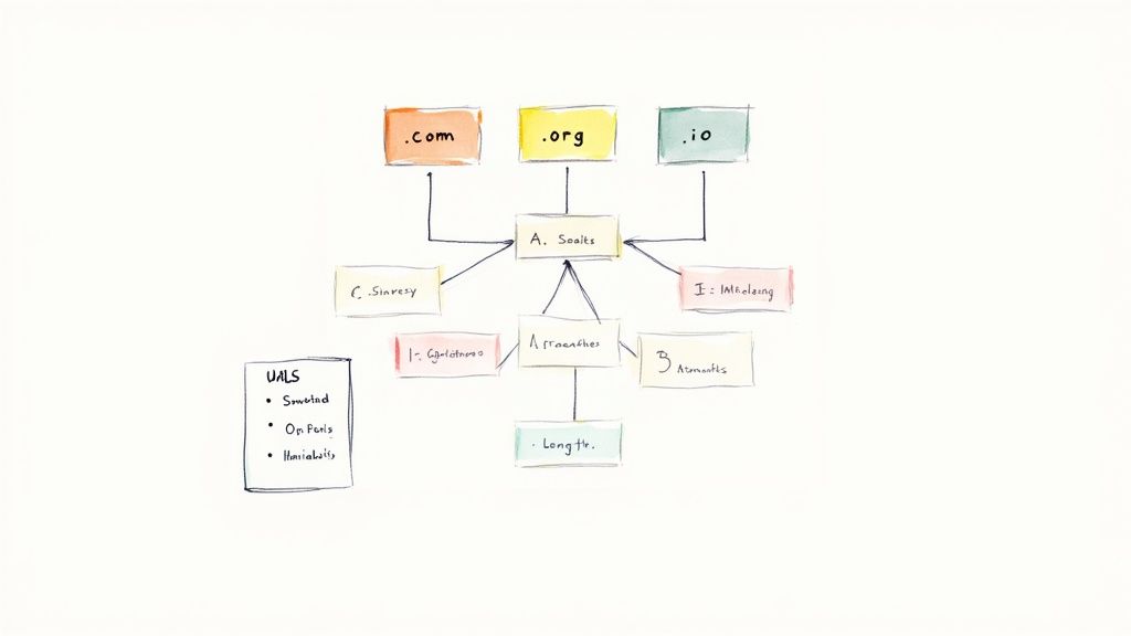 A hand-drawn diagram showing a central 'Goals' node connected to .com, .org, and .io domains, with other related concepts.