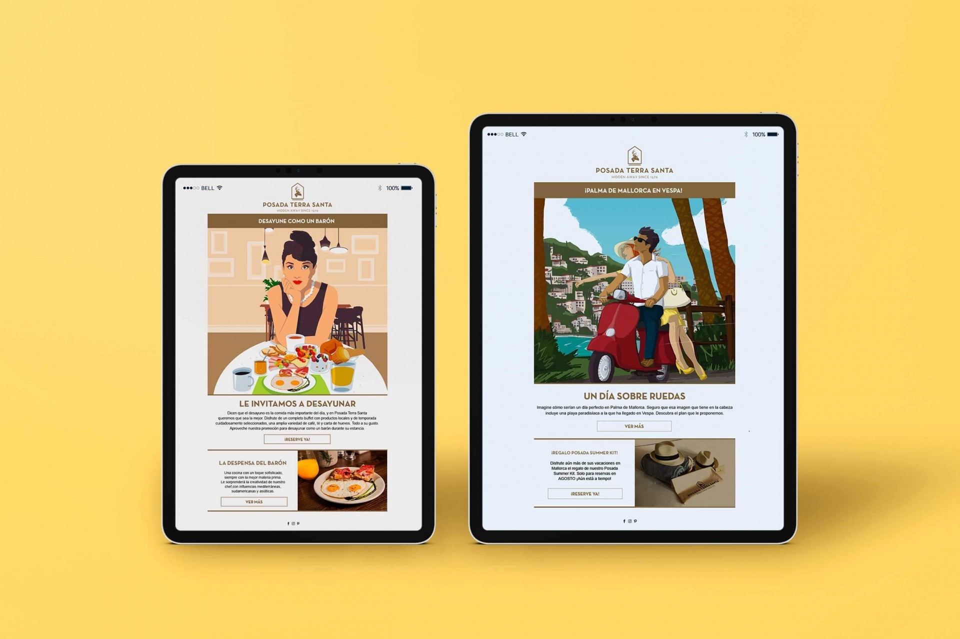 Tabletas mostrando publicidad de Posada Terra Santa, con invitaciones a desayunar y recorrer Palma de Mallorca en Vespa.