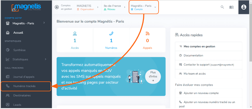 Interface numéros trackés Magnétis