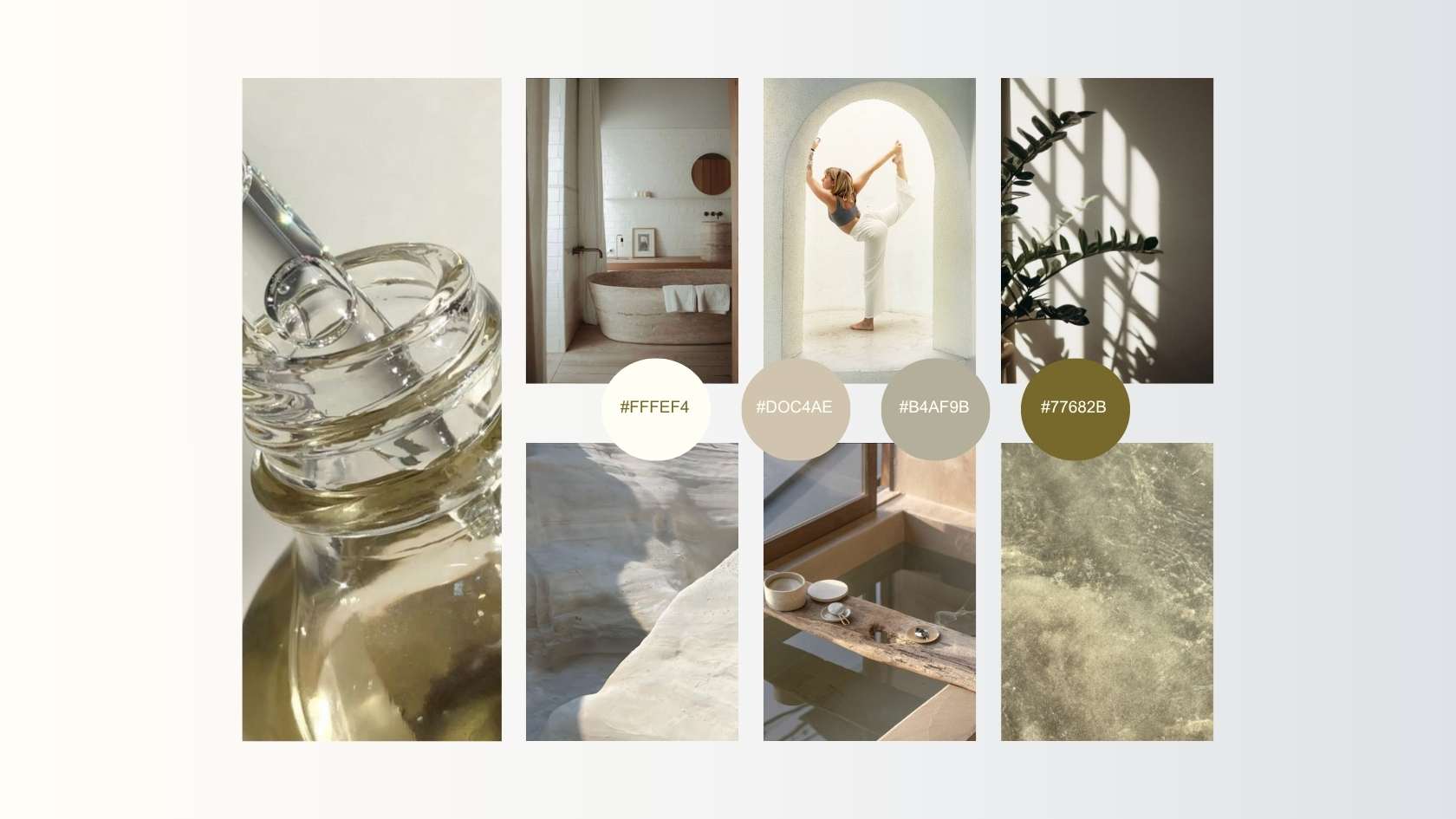 State of Soma brand moodboard featuring natural textures, interior spaces, wellness rituals, and botanical-inspired color palette.
