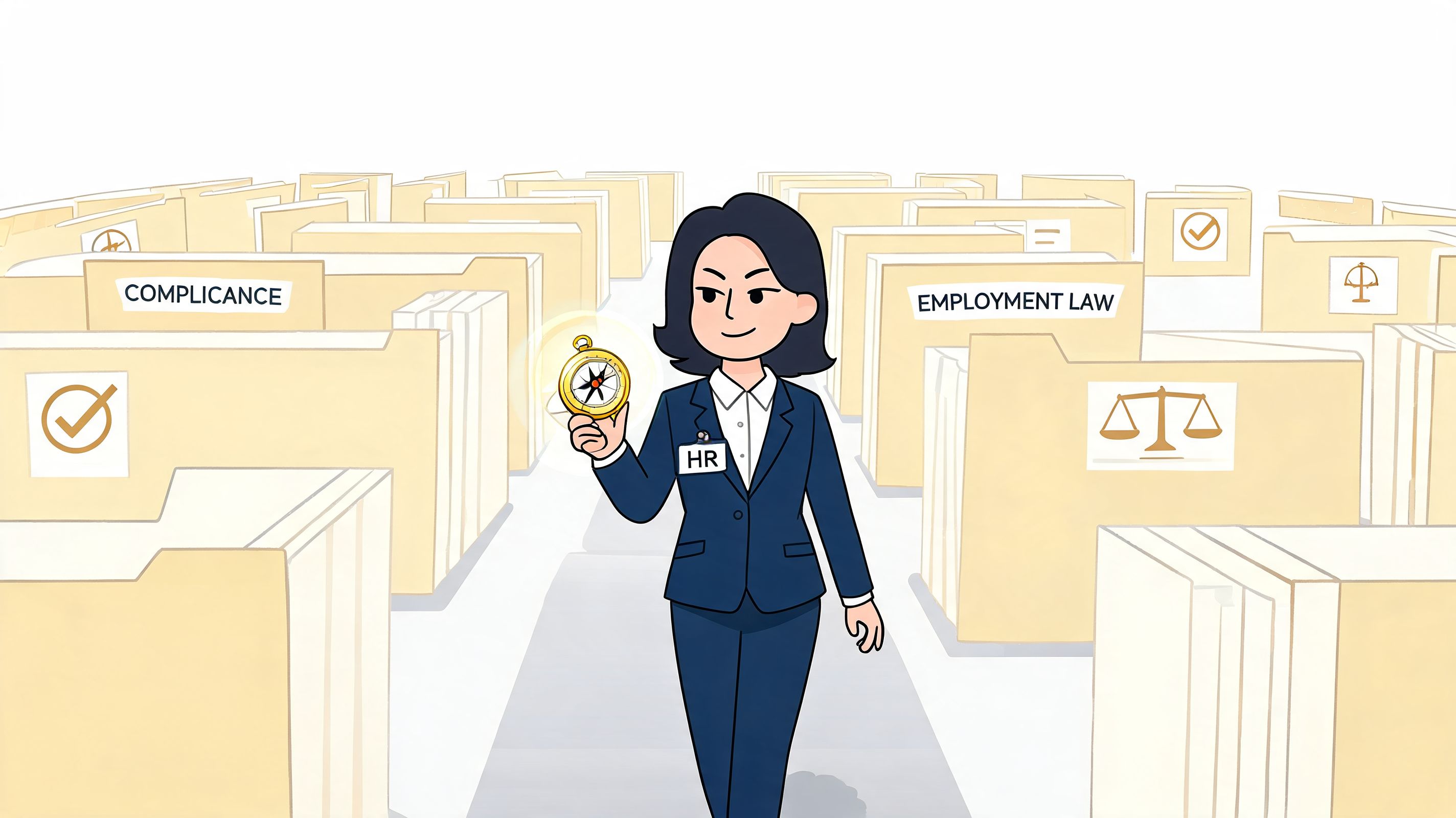 A professional HR woman in a business suit holding a golden compass amidst organized filing folders.