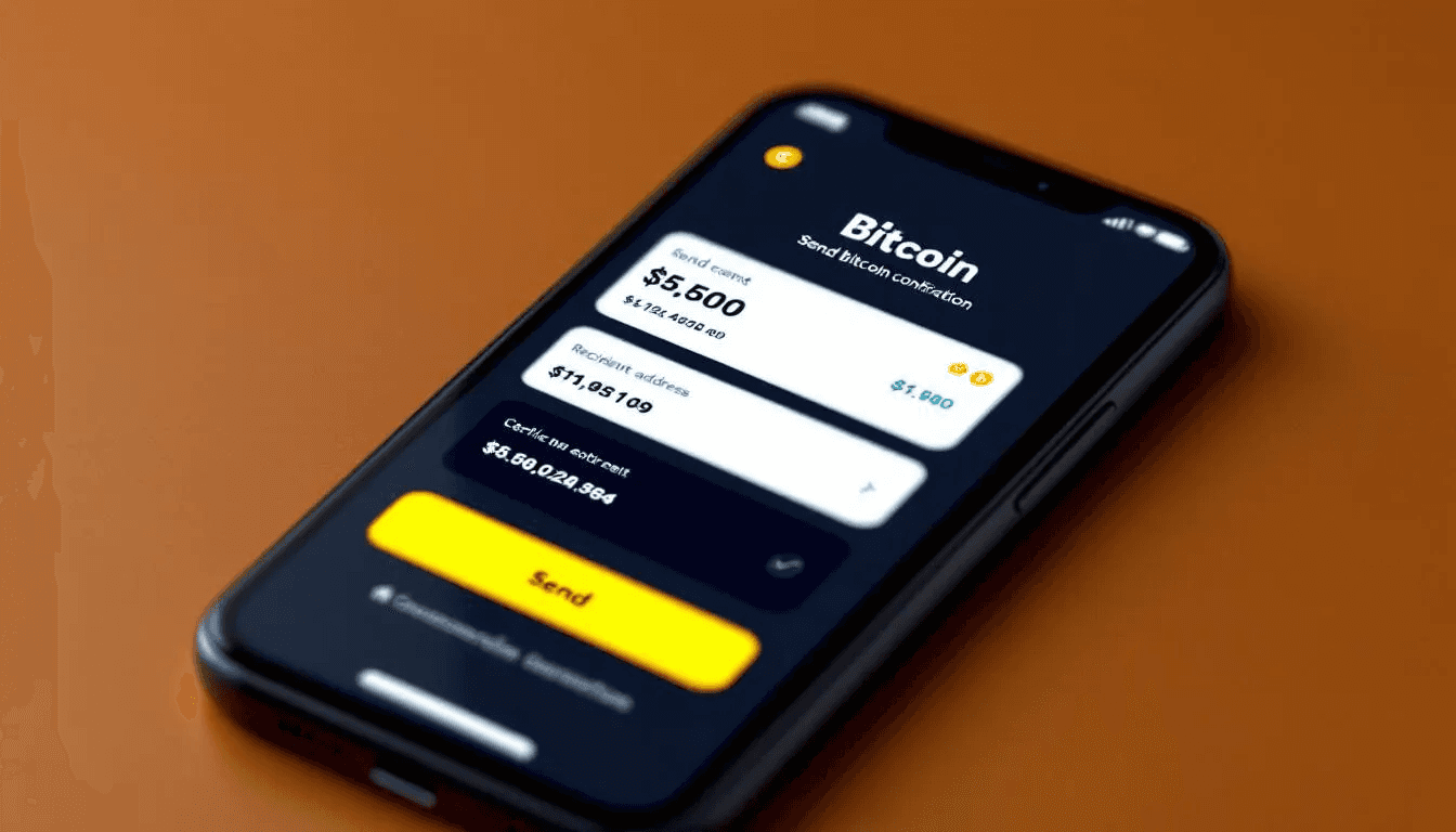 The image displays a mobile wallet interface featuring the send bitcoin confirmation screen, where users can review transaction details, including the recipient's wallet address and the amount to be sent. It emphasizes the importance of double-checking the wallet address to avoid errors before confirming the bitcoin transaction.