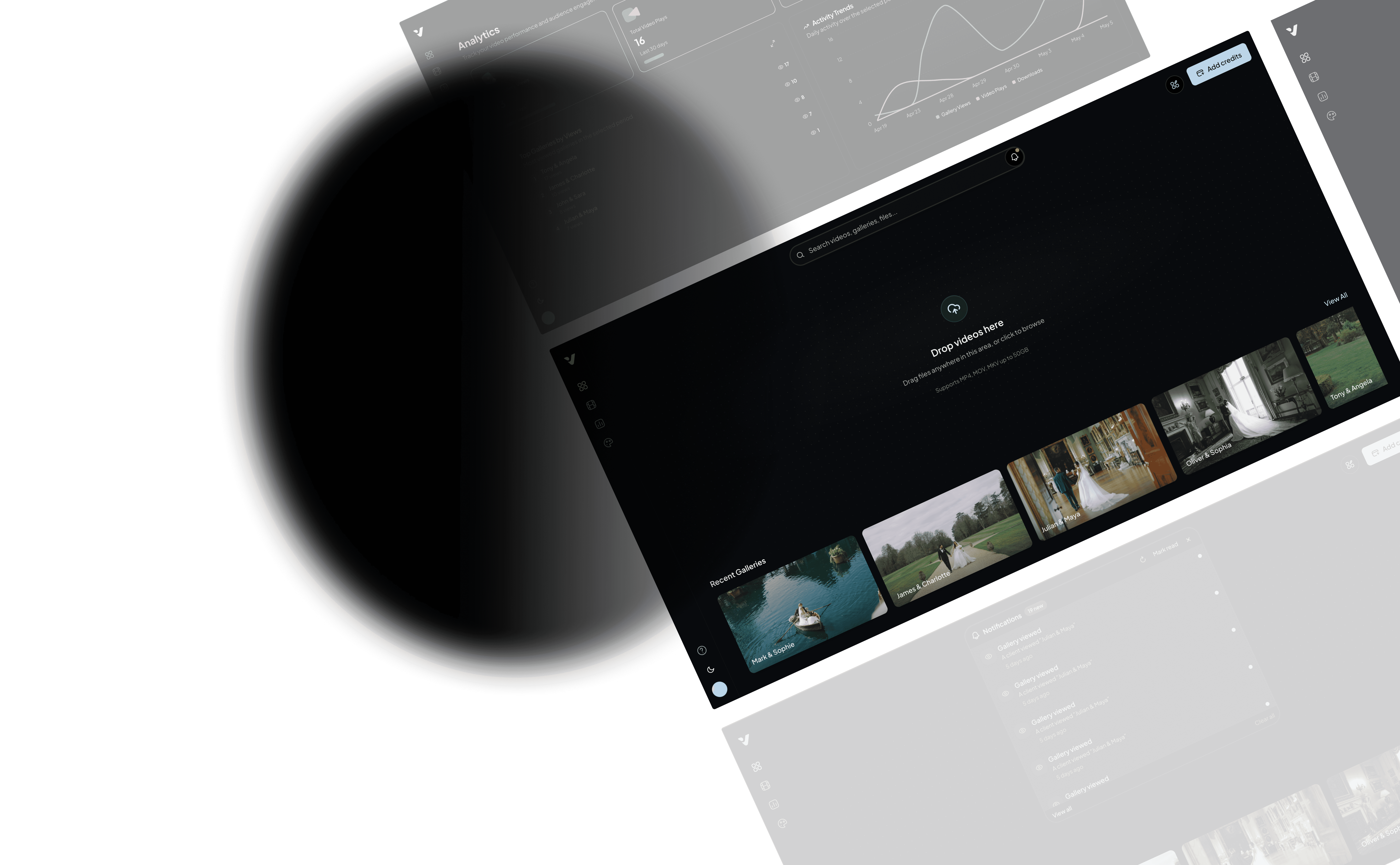 Dark Vyredo interface for designing wedding film galleries with video thumbnails, branding and delivery settings.