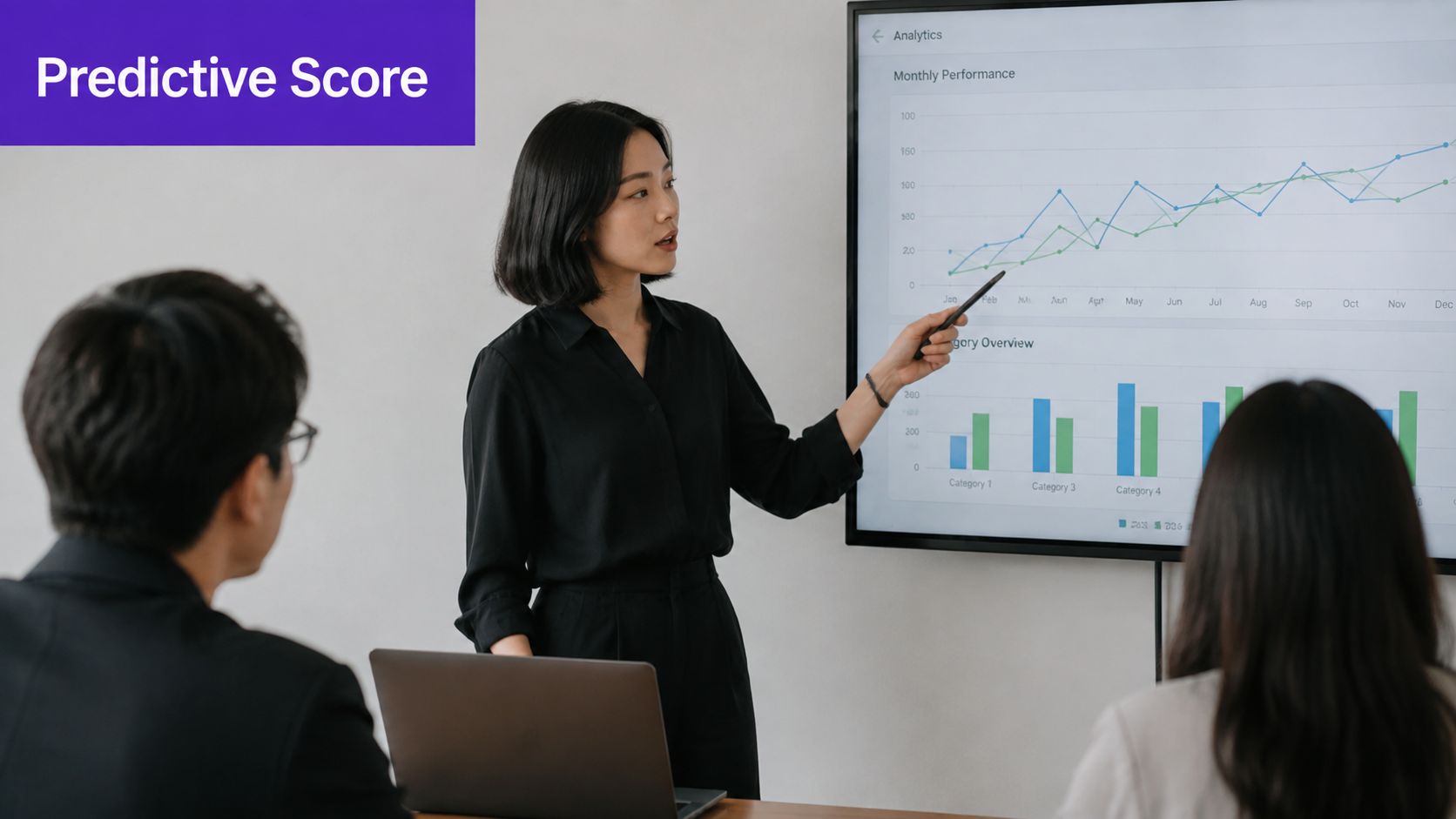A professional woman presenting data analytics on a screen to her colleagues in an office meeting.