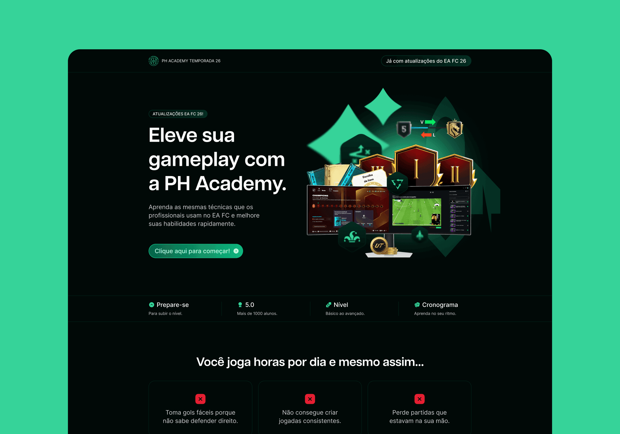 Landing page da PH Academy, curso de EA FC com técnicas profissionais - projeto do Studio Responsivo