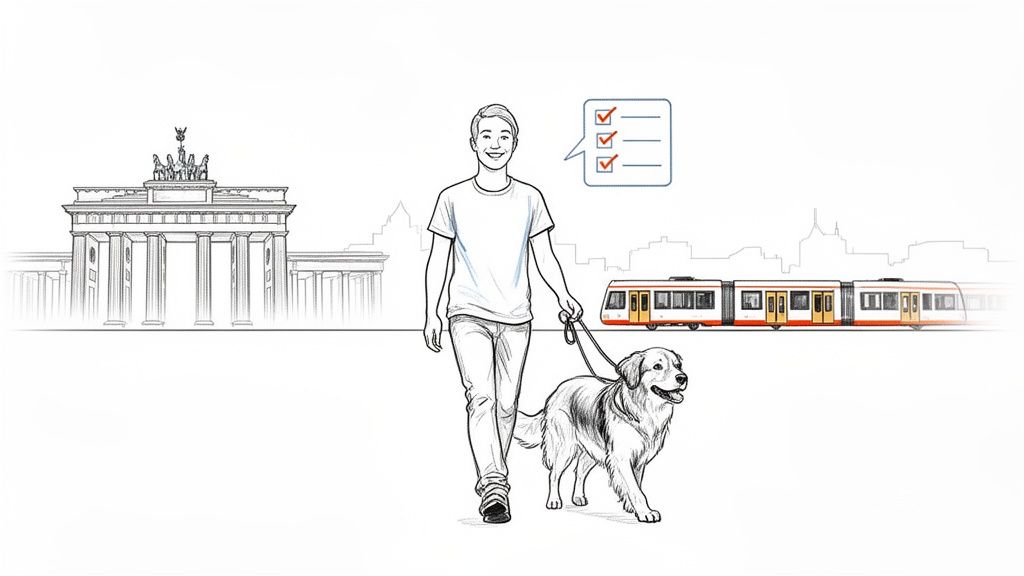 A young man walks his dog in a German city, with the Brandenburg Gate and a train.