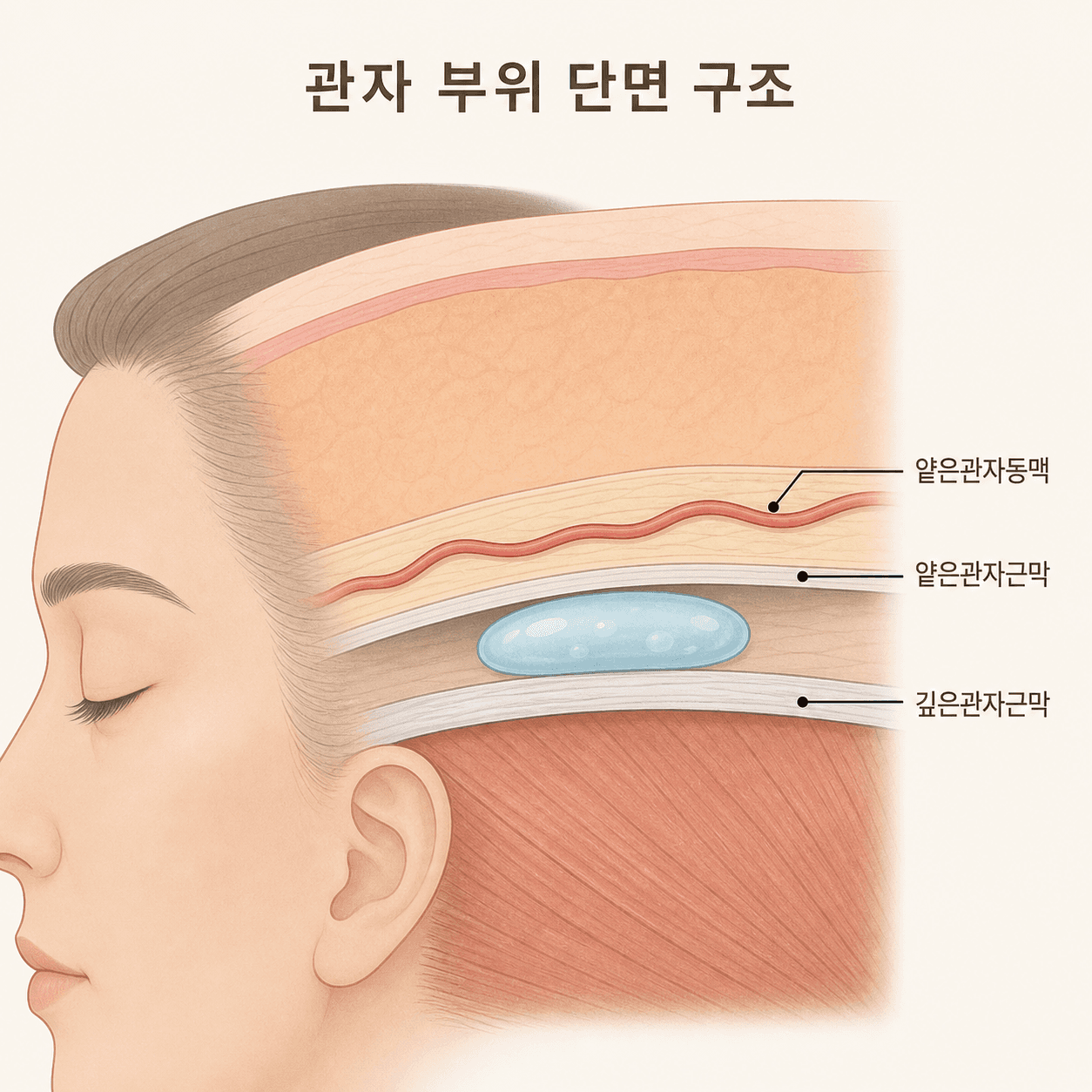 얇은 피부층 아래를 지나는 얕은관자동맥과 근막 사이 안전한 주입 층