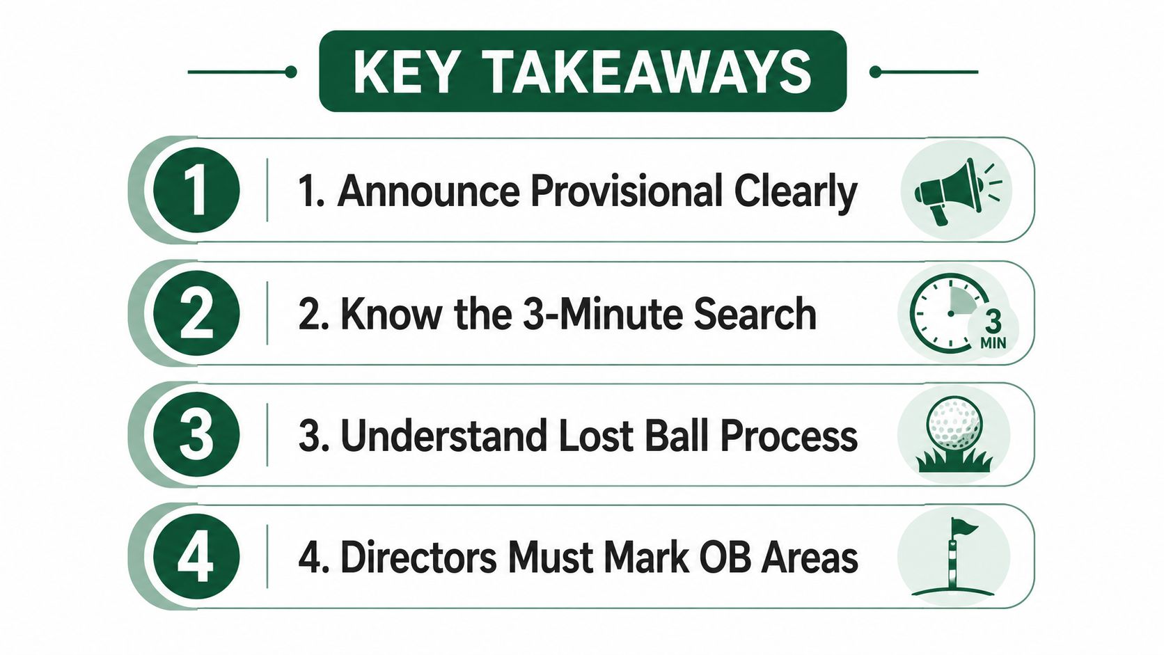 A list of four key takeaways for golf rules regarding provisional balls, search times, lost balls, and out of bounds markers.