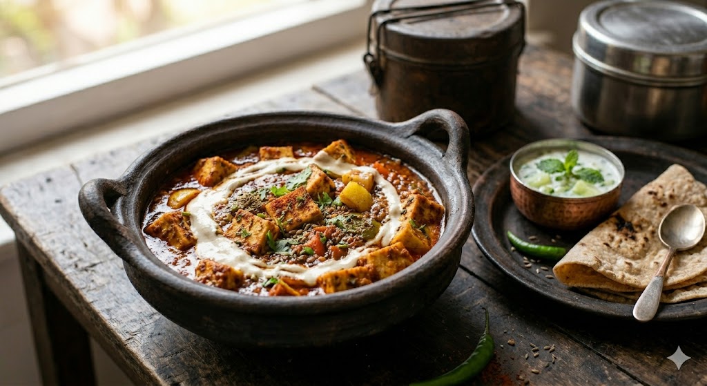 A bowl of creamy vegan Tofu Makhani (Butter Masala) with rich tomato gravy and a cashew cream swirl, served with naan and a small salad on a wooden table.