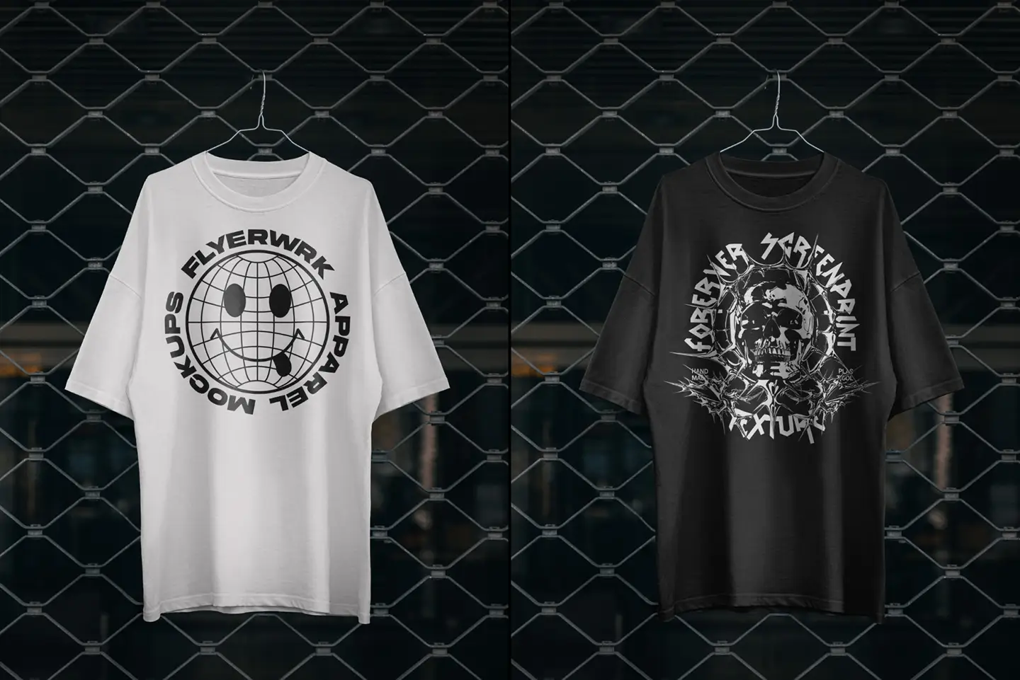 Streetwear apparel mockup featuring custom graphics on Rue Porter t-shirts against a gritty industrial backdrop